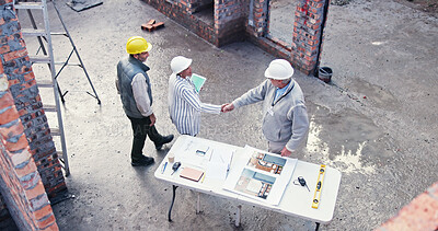 Buy stock photo Team, handshake and people on construction site for plan, inspection or collaboration at table. Contractor, welcome and woman with tablet for blueprint, brainstorming or architect design from above
