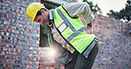 Man, construction worker and back pain with injury, work site accident or spasm with burnout. Stress fracture, contractor with muscle tension or pressure, inflammation or fibromyalgia emergency