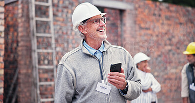 Buy stock photo Construction site, smile and man with smartphone, thinking or communication with real estate. Mature person, decision or app with cellphone, choice or building development with property or architect
