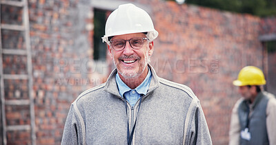 Buy stock photo Construction, happy and portrait of mature man in city for inspection, building and maintenance. Civil engineering, architecture and person with hard hat for project, infrastructure and renovation