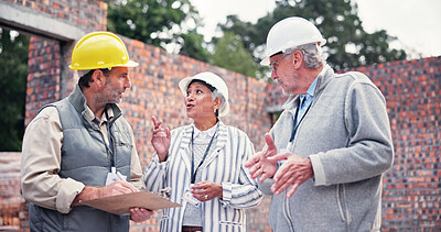 Buy stock photo People, clipboard and meeting on construction site for planning, property development and discussion. Woman engineer, PPE and mature team at building worksite to explain design for project management
