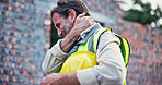 Hands, person and neck pain with construction injury, work site accident or sprain with agony outdoor. Burnout, contractor with muscle tension or spine pressure, inflammation or fibromyalgia
