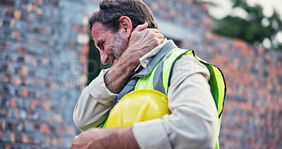 Buy stock photo Hands, person and neck pain with construction injury, work site accident or sprain with agony outdoor. Burnout, contractor with muscle tension or spine pressure, inflammation or fibromyalgia