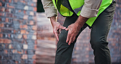 Buy stock photo Hands, person and knee pain with construction injury, work site accident or sprain with agony outdoor. Joint ache, contractor with leg muscle tension or pressure, inflammation or fibromyalgia