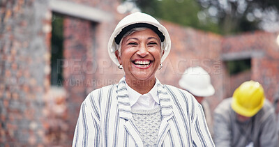 Buy stock photo Construction, happy and portrait of mature woman in city for inspection, building and maintenance. Civil engineering, architecture and person with hard hat for project, infrastructure and planning