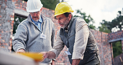 Buy stock photo Contractor, discussion and people on construction site for floor plan, inspection or collaboration at table. Engineer, meeting and men with blueprint, brainstorming or architect design in morning