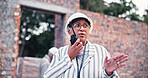 Woman, architect and talk on radio for construction inspection, safety feedback and property development. Mature person, tech and planning with discussion, building update and chat for infrastructure
