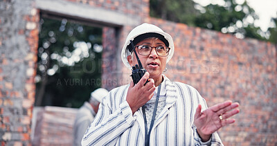 Buy stock photo Woman, architect and talk on radio for construction inspection, safety feedback and property development. Mature person, tech and planning with discussion, building update and chat for infrastructure