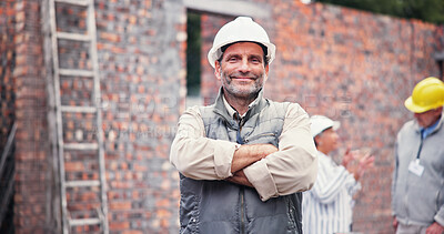 Buy stock photo Construction, crossed arms and portrait of man in city for inspection, building and maintenance. Civil engineering, architecture and person with hard hat for project, infrastructure and renovation