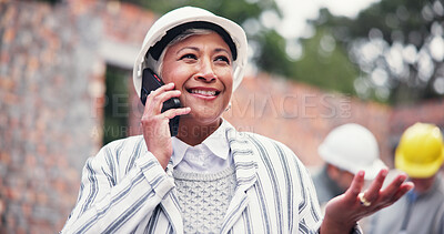 Buy stock photo Construction site, phone call and woman in city talking for inspection, building and maintenance. Civil engineering, architecture and person on smartphone for contact, infrastructure or project