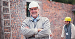 Construction, crossed arms and portrait of mature man in city for inspection, building and maintenance. Civil engineering, architecture and contractor for project, infrastructure and renovation