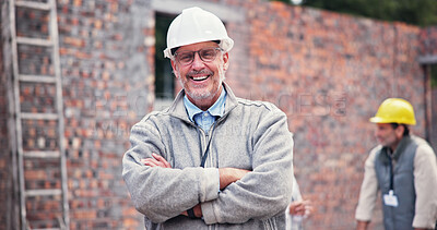 Buy stock photo Construction, crossed arms and portrait of mature man in city for inspection, building and maintenance. Civil engineering, architecture and contractor for project, infrastructure and renovation