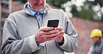 Mature, man and hands with phone for construction, building communication or online chat on site. Closeup, male person or contractor typing with mobile smartphone for industrial development or app