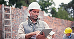 Construction site, internet or man with tablet, real estate or communication with property. Mature person, inspector or engineering with tech, connection or building development with online schedule