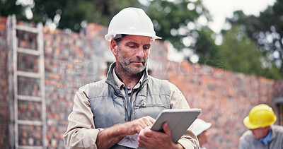 Buy stock photo Construction site, internet or man with tablet, real estate or communication with property. Mature person, inspector or engineering with tech, connection or building development with online schedule