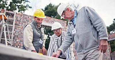 Buy stock photo Construction site, people and discussion for floor plan, blueprint and idea for property development. Team, technology and contractor on worksite for project management, engineer and architect design