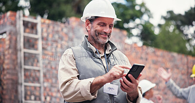Buy stock photo Construction site, smile and man with smartphone, typing and communication with property. Mature person, employee and inspector with cellphone, connection and building development with renovation