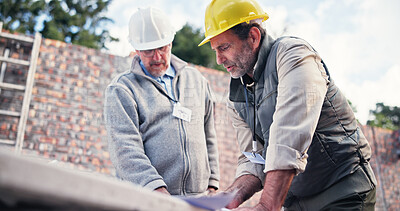 Buy stock photo Contractor, meeting and people on construction site for floor plan, inspection or collaboration at table. Engineer, discussion and men with blueprint, brainstorming or architect design in morning