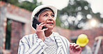 Construction, phone call and woman in city on site for inspection, building and maintenance. Civil engineering, architecture and person talking on smartphone for contact, infrastructure or renovation