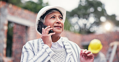 Buy stock photo Construction, phone call and woman in city on site for inspection, building and maintenance. Civil engineering, architecture and mature person on smartphone for contact, infrastructure or renovation