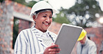 Construction site, smile and woman with tablet, internet or communication with real estate. Mature person, employee or consultant with property, digital app or building development with connection