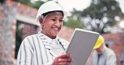 Buy stock photo Construction site, smile and woman with tablet, internet or communication with real estate. Mature person, employee or consultant with property, digital app or building development with connection