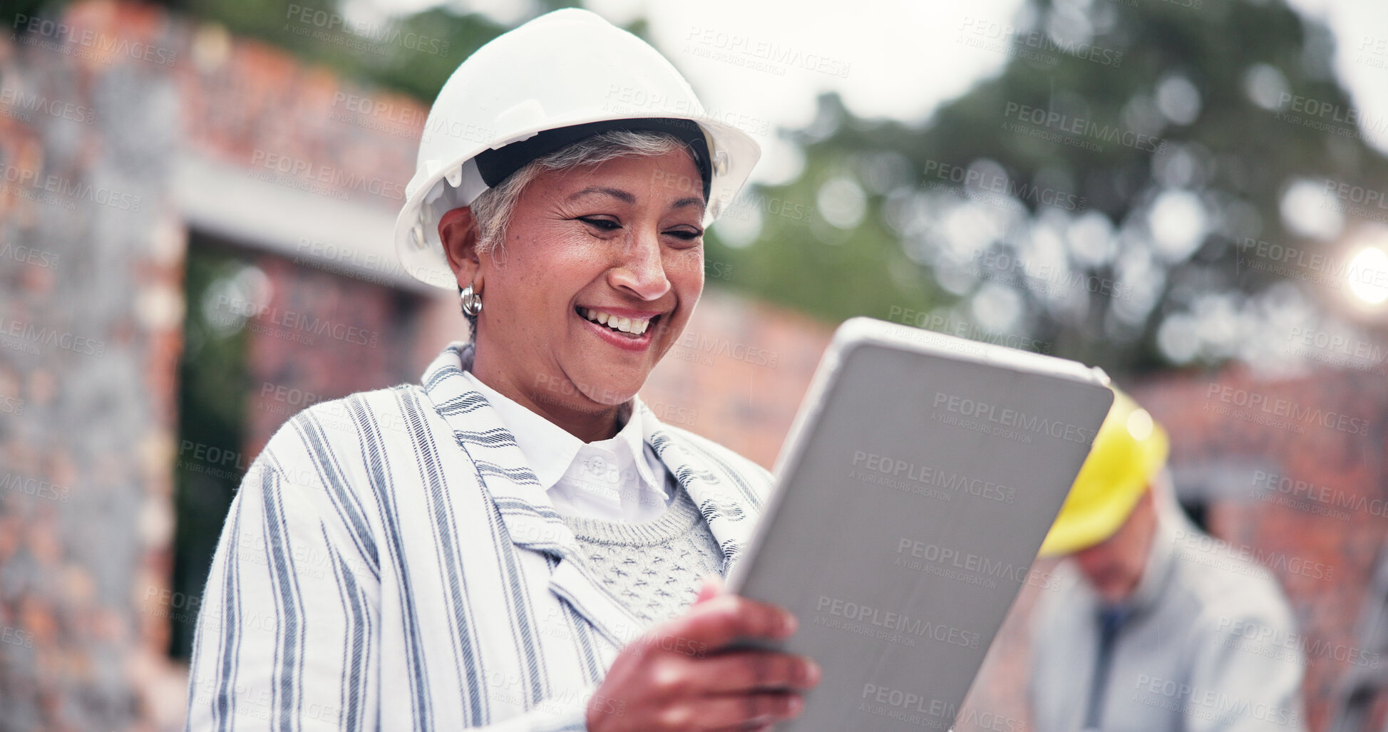Buy stock photo Construction site, smile and woman with tablet, internet or communication with real estate. Mature person, employee or consultant with property, digital app or building development with connection