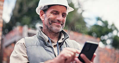 Buy stock photo Construction site, smile or man with cellphone, property or communication with real estate. Mature person, engineer or consultant with smartphone, building development or architecture with schedule