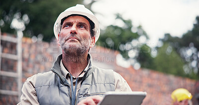 Buy stock photo Construction site, man and contractor with tablet, thinking and checklist with inspection. Mature person, architecture and employee idea with hard hat, tech and safety with digital app or real estate
