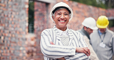 Buy stock photo Construction, crossed arms and portrait of woman in city for inspection, building and maintenance. Civil engineer, architecture or professional person for project, infrastructure or mature contractor