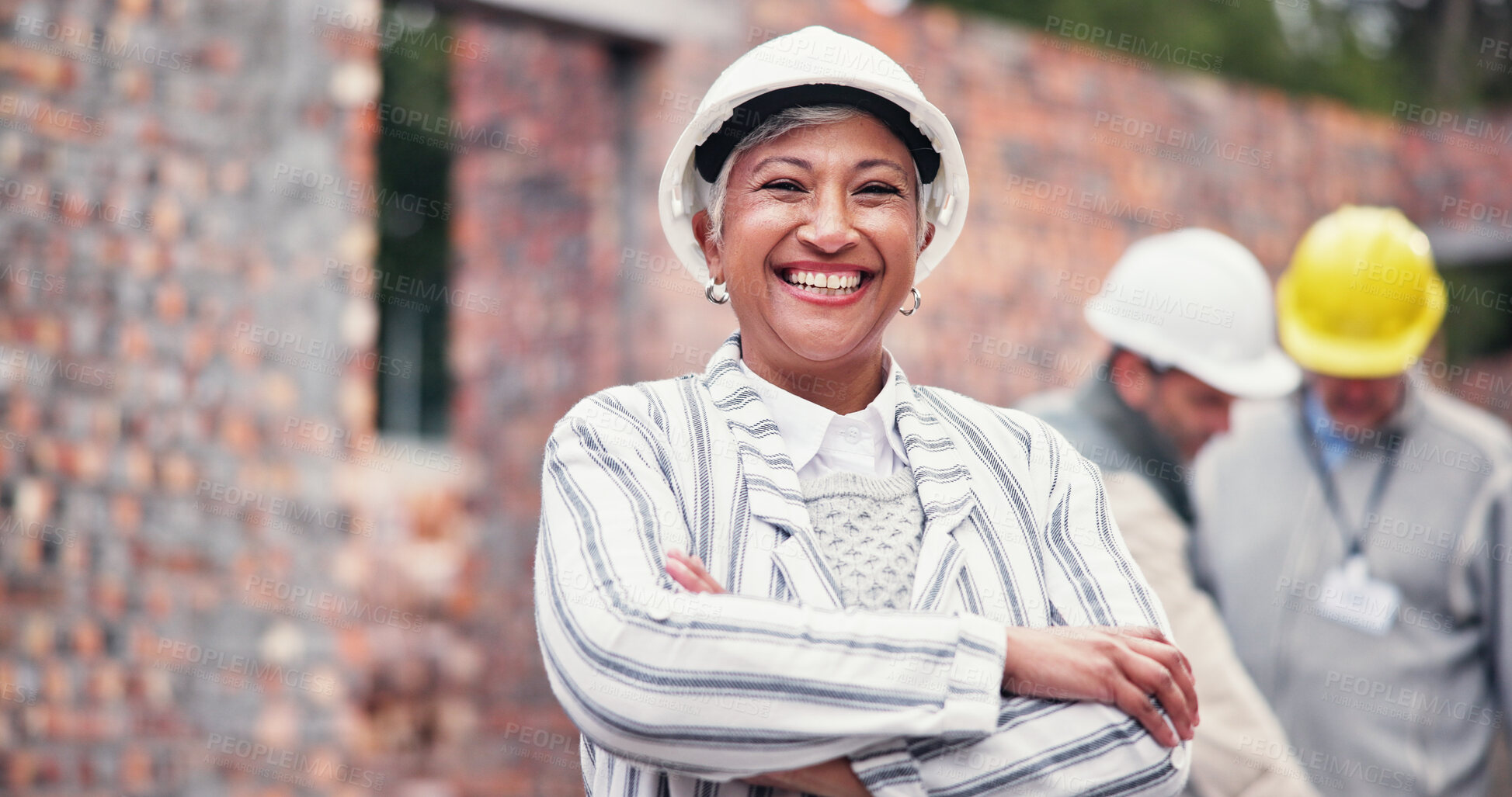 Buy stock photo Construction, crossed arms and portrait of woman in city for inspection, building and maintenance. Civil engineer, architecture or professional person for project, infrastructure or mature contractor