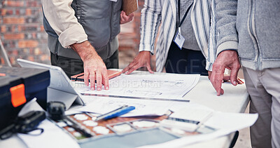 Buy stock photo Construction site, people and hands for documents, blueprint and floor plan for property development. Team, technology and contractor on worksite for project management, engineer and architect design
