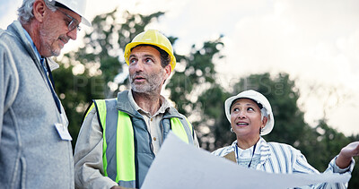 Buy stock photo People, contractor and group with blueprint at construction site for floor plan, discussion and building development. Architect, documents and talk, inspection and teamwork for industrial project