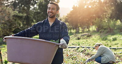Buy stock photo Farming, bucket and man farmer with harvest for agribusiness with organic produce planting. Sustainable, outdoor and male person working on eco friendly crop rotation in countryside environment.