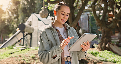 Buy stock photo Farm, tablet and inspection with woman in nature for environment, climate risk analyst or weather forecast. Sustainability, growth or agriculture with person in countryside for irrigation sensor