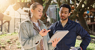 Buy stock photo Teamwork, tablet and inspection with people on farm for environment, ecology and advice. Sustainability, growth report and agriculture with farmers in countryside for carbon capture and collaboration