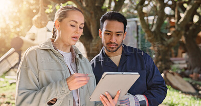 Buy stock photo Teamwork, tablet and planning with people on farm for environment, ecology and advice. Sustainability, growth report and agriculture with farmers in countryside for carbon capture and collaboration