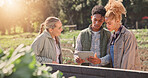 Farming, tablet and inspection with people and truck for vegetable checklist, crops supply chain and logistics. Delivery, agriculture and harvest with farmers in countryside for sustainability