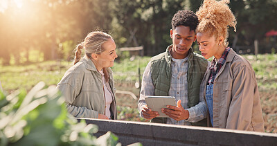 Buy stock photo Farming, tablet and inspection with people or team for vegetable checklist, crops supply chain and logistics. Delivery, agriculture and harvest with farmers in countryside for sustainability