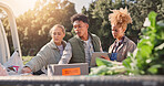 Farming, tablet and crops with people and truck for vegetable logistics, supply chain and inspection. Delivery, agriculture and harvest with farmers in countryside for sustainability and inventory