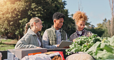 Buy stock photo Farming, tablet and inventory with people and truck for vegetable logistics, supply chain and inspection. Delivery, agriculture and harvest with farmers in countryside for sustainability and crops