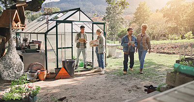 Buy stock photo People, tablet and clipboard with vegetables in greenhouse of supply checklist, harvest and stock update. Farmers, talk and walking with organic produce, quality assurance and agriculture information