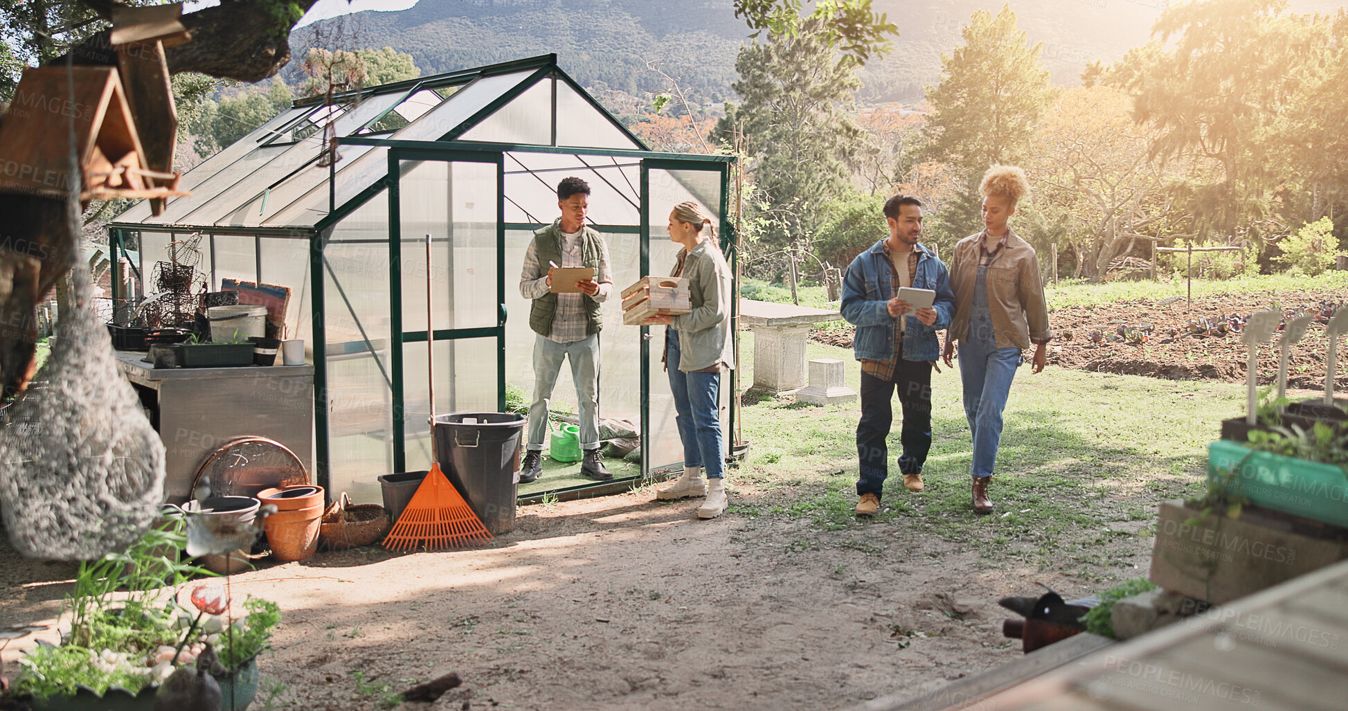 Buy stock photo People, tablet and clipboard with vegetables in greenhouse of supply checklist, harvest and stock update. Farmers, talk and walking with organic produce, quality assurance and agriculture information