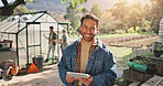 Tablet, smile and portrait of man on farm for nutrition guideline, greenhouse specialist and gmo crop. Growth, agriculture and sustainability with farmer in countryside for food quality checklist