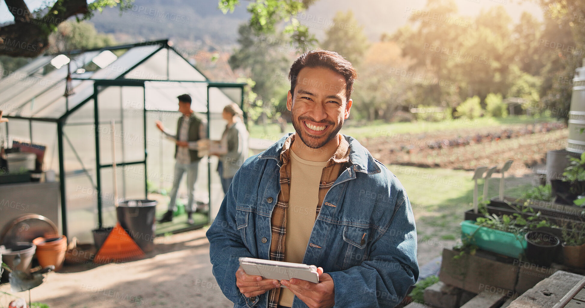 Buy stock photo Tablet, smile and portrait of man on farm for nutrition guideline, greenhouse specialist and GMO crop. Growth, agriculture and sustainability with farmer in countryside for food quality checklist