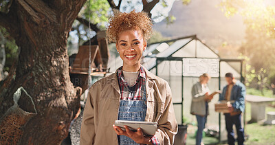 Buy stock photo Tablet, inspection and portrait of woman on farm for nutrition guideline, greenhouse specialist and gmo crops. Growth, agriculture and sustainability with farmer in countryside for food quality check