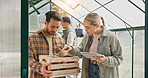 Salad, box and tablet with woman and farmer for food delivery checklist, organic inventory and agro product. Sustainable business and inspection with people for environment, farm to table and harvest