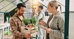 Vegetables, box and tablet with woman on farm for food quality checklist, crops and agriculture. Sustainability, gardening yield and inspection with people for environment, greenhouse and harvest
