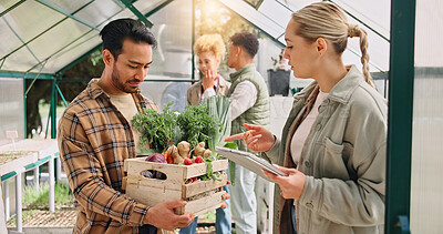 Buy stock photo Vegetables, box and tablet with woman on farm for food quality checklist, crops and agriculture. Sustainability, gardening yield and inspection with people for environment, greenhouse and harvest