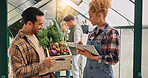 Greenhouse, tablet and people with vegetables on farm with inspection for plants, crops and harvest. Agriculture, teamwork and man and woman on digital tech for inventory, checklist and growth